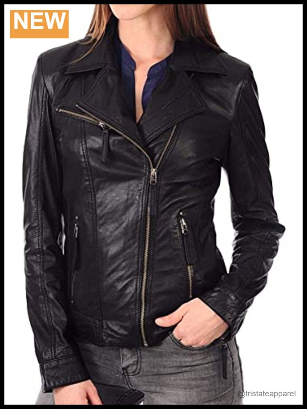 Women's Real Leather Moto Biker Jacket Zip Front Long Sleeve